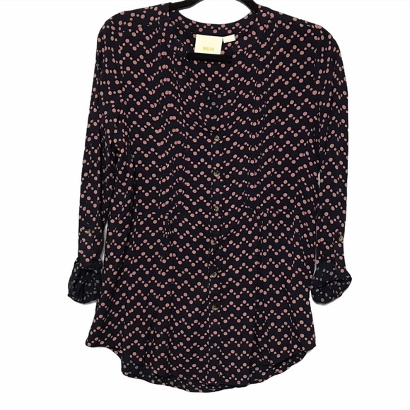 Anthro Maeve Navy Blouse Button Pink Dots T170 - Picture 2 of 8